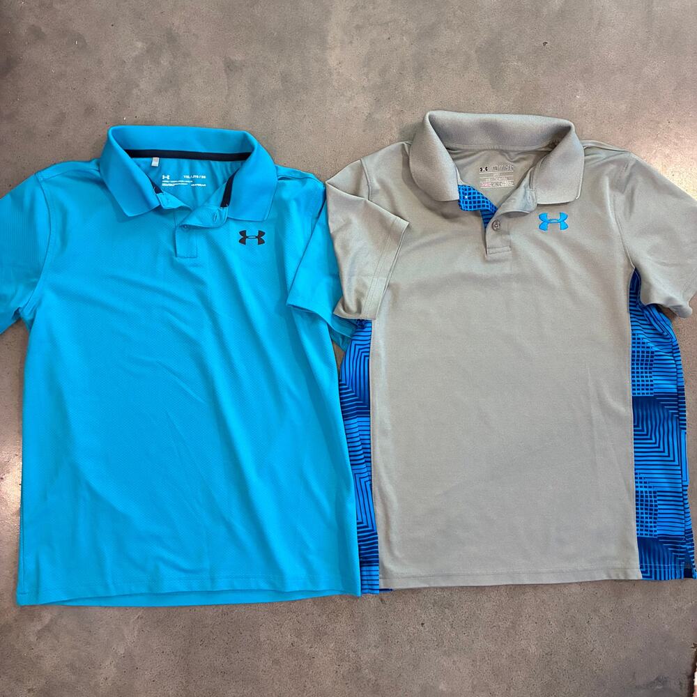Under Armour Aqua Blue Gray Performance Polo shirts youth XL boys bundle UA